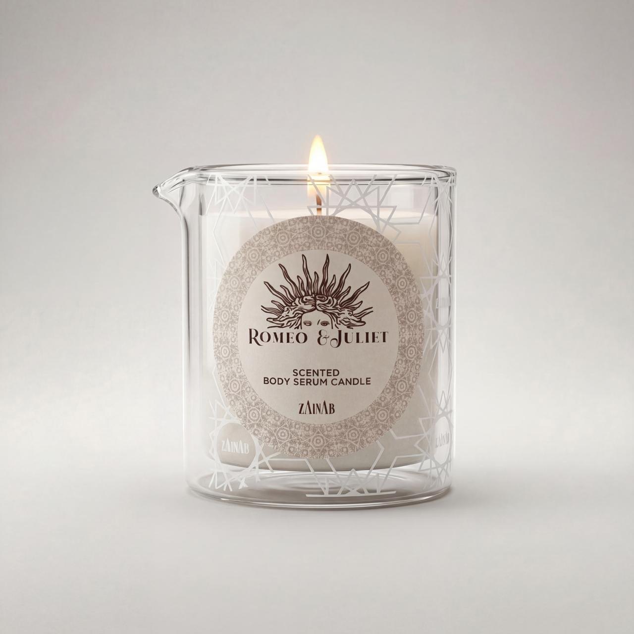 Romeo and Juliet scented body serum candle, lit
